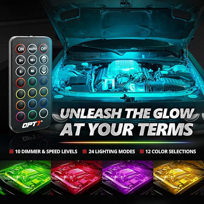 OPT7 Aura Pro Engine Bay Lights w/App & Remote Control, 4PCS 12” Waterproof Under Hood LED Light Strip, Exterior Car Neon Accent Lighting Kit, RGB Multicolor Music Sync Accessories for Cars Vans SUVs