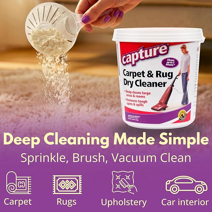 Capture Carpet & Rug Dry Cleaner w/Resealable lid - Home, Car, Dogs & Cats Pet Carpet Cleaner Solution - Strength Odor Eliminator, Stains Spot Remover, Non Liquid & No Harsh Chemical (2.5 lb)