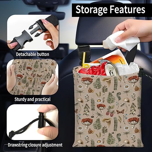 Car Trash Bag Large Hanging Can for Back of Seat, Cute Waterproof Car Garbage Bag for Vehicle, Travelling, Outdoor Cute Boho Beige Mushroom