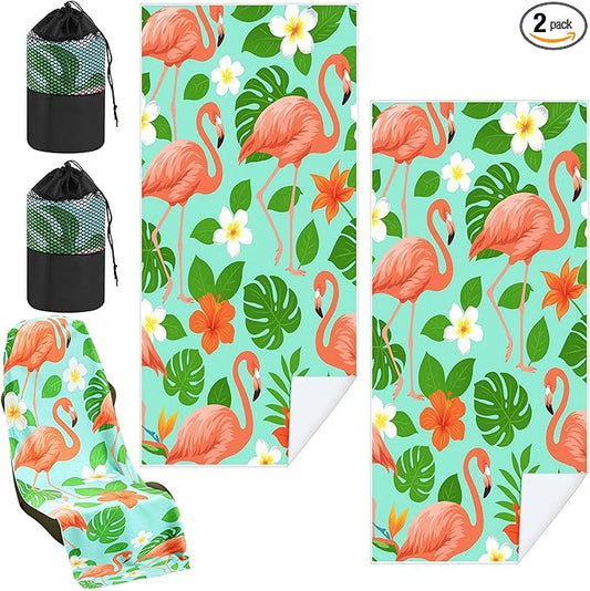 2 Pack Car Seat Towel Covers with Storage Bag 63 x 32 Inch Athletic Running Towel Seat Sweat Washable Non Slip Cover Gift for Car Outdoor Sport Activities (Green Leaf Flamingo)