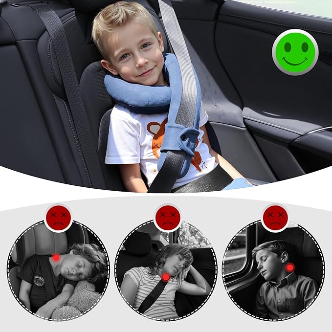 Kids Travel Neck Pillow, Toddler Travel Pillow for Car & Airplane and Head & Chin Support, Comfortably Travel Neck Pillow for Road Trip Sleeping, Gifts for Toddler/Child/Kids (Light Blue & Dark Blue)