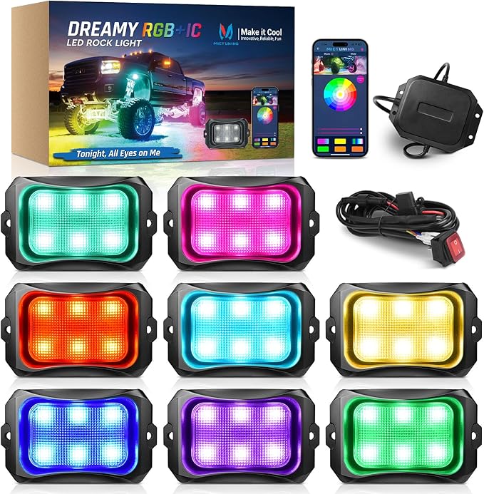 MICTUNING C2+ RGB+IC Rock Lights - 8 Pods Dynamic Chasing Color Underglow Neon Kit, Extensible to 24 Pods, Bluetooth APP Control & IP68 Waterproof, for Trucks Cars ATV UTV Golf Cart (2 Year Warranty)