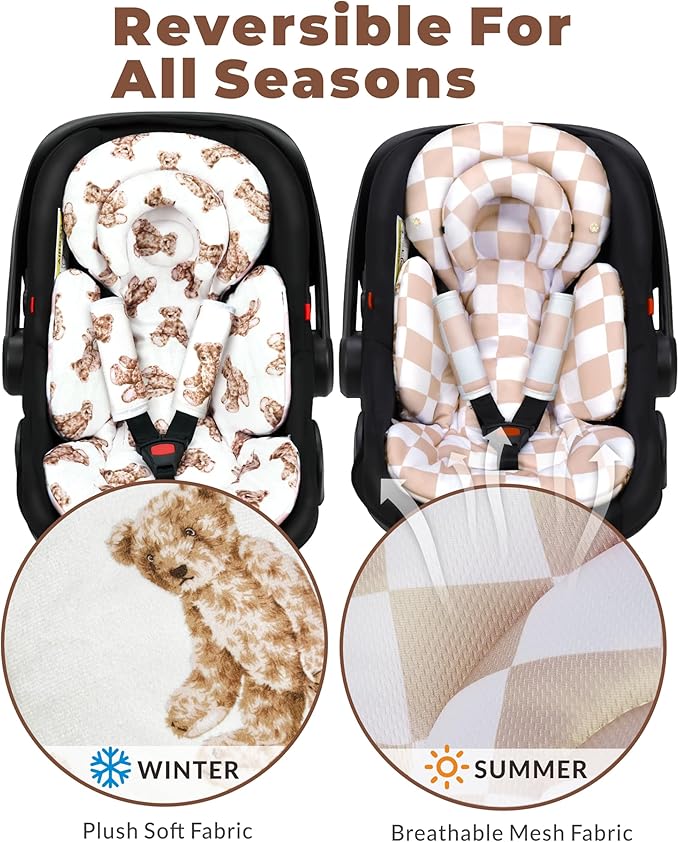 Infant Car Seat Insert with Removable Cushion for Preemie to Toddler, Reversible Newborn Carseat Insert for Baby Head Body Support, Fits for Stroller, Baby Swing, Bouncer (Teddy Bear)