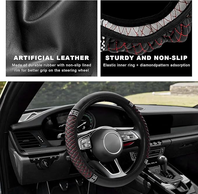 Bling Soft Leather Steering Wheel Cover, 14.5-15 Inch Sparkly Rhinestones Non-Slip Car Steering Wheel Protector, Elastic Auto Steering Wheel Cover Interior for Women Girls (Black & Red)