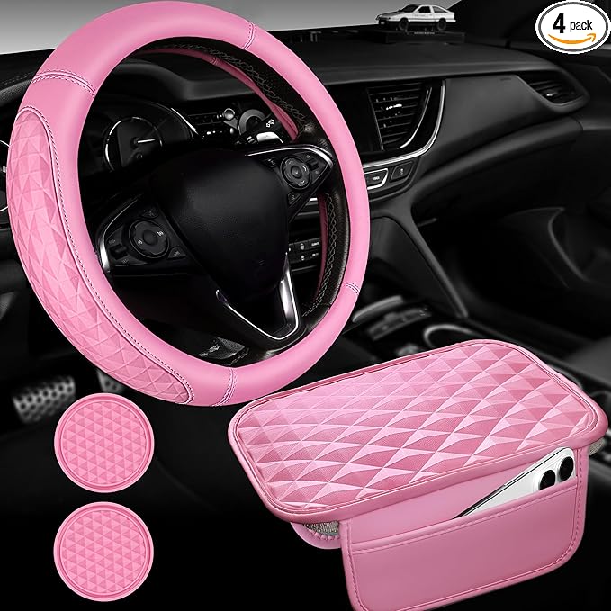 CAR PASS 3D Rhombus Leather Steering Wheel Cover Car Accessories Set, Comfortable Center Console Armrest Cushion with Storage Bags 2 Non-Slip Cup Coasters, 14.5-15in Cute Car Interior Sets, 4 PCS Pink