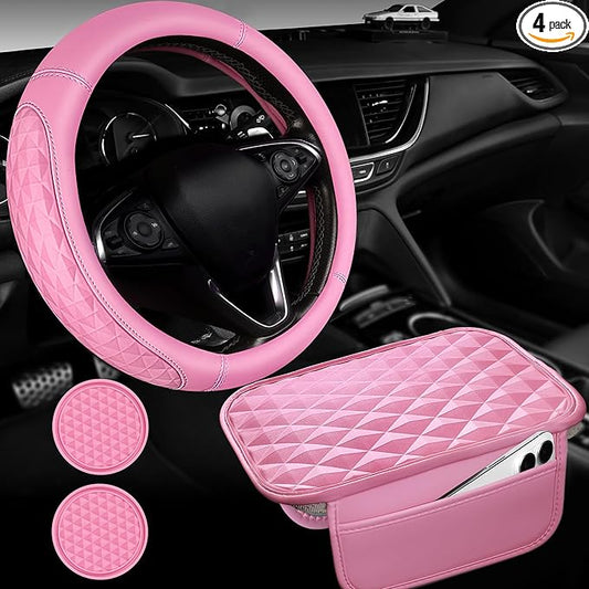 CAR PASS 3D Rhombus Leather Steering Wheel Cover Car Accessories Set, Comfortable Center Console Armrest Cushion with Storage Bags 2 Non-Slip Cup Coasters, 14.5-15in Cute Car Interior Sets, 4 PCS Pink