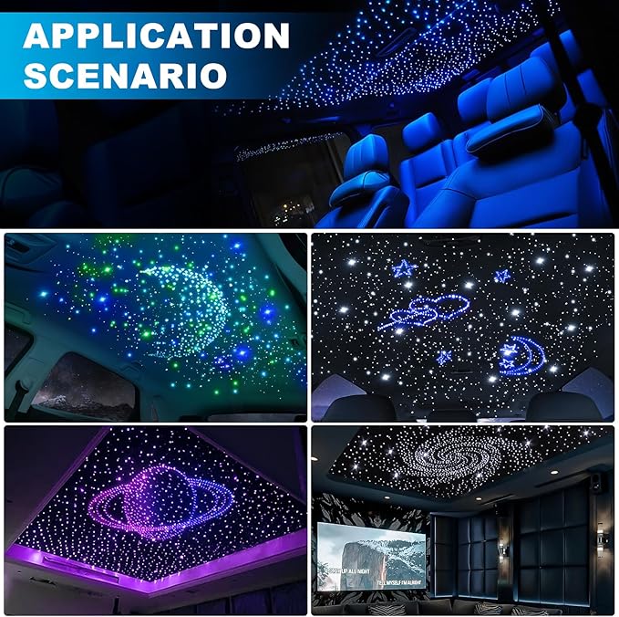 Split 4 Colors 12W Car Starlight Headliner Kit 800pcs*0.02in*9.8ft with APP&RF Remote,RGBW Fiber Optic Strands Star Roof Lights,4 Port Engine Sound Activated Star Ceiling Lights for Car/Home Decor