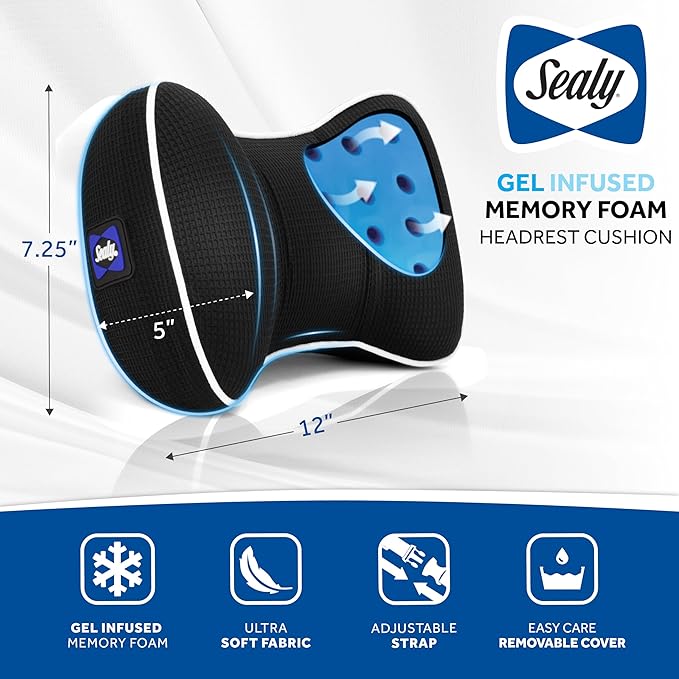 Sealy Memory Foam Neck Pillow for Car or Office Chair – Cervical Neck Pillow, Cooling Car Headrest Pillow or Office Chair Cushion for Neck