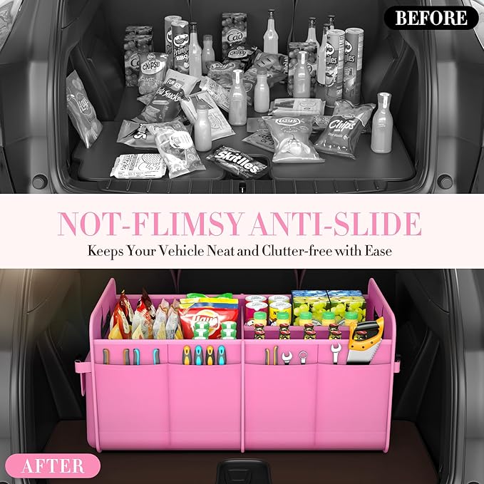 titiyiof Trunk Organizer For Suv & Sedan,Car Organizers and Storage, Waterproof Collapsible & Adjustable Straps,70L Sturdy Car Organization for Car Accessories, Tools,Sundries,2-3 Compartment（Pink