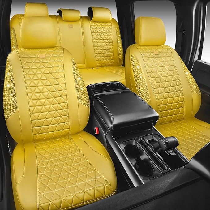 CAR PASS Yellow Bling Diamond Leather Car Seat Cover Full Sets,Waterproof Shining Glitter Sparkly Crystal Universal Fit for Automotive Truck SUV Cute Women Girl Airbag Compatable,All Yellow Rhinestone