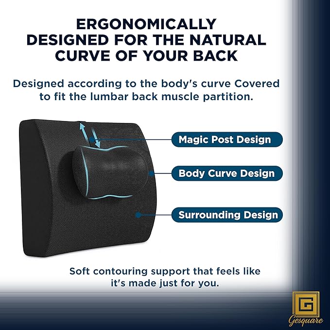 GESQUARE 3-Piece Memory Foam Seat Cushion & Lumbar Support Pillows Set – Adjustable Back Support for Office, Car & Gaming Chairs – Tailbone & Coccyx Comfort for Long Sitting.