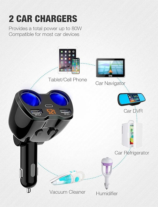 Otium USB C Car Charger, 2 Sockets Cigarette Lighter Splitter 12/24V 80W Dual USB Type-C Ports Separate Switch LED Voltage Display Built-in Replaceable 10A Fuse Compatible Mobile Phone GPS Dash Cam
