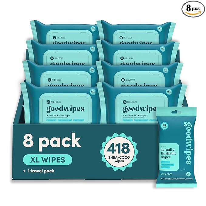 goodwipes Flushable Butt Wipes - Vitamin E & Aloe - Sewer & Septic Safe - Extra Large Adult Wet Wipes For Women & Men - Bathroom Essentials - Shea-Coco, 418 Count (8 Packs + 1 Travel)