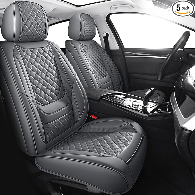 Chezope Car Seat Covers Full Set, Grey Leather Seat Covers, Breathable Front and Back Car Seat Protectors, Wear-Resistant Seat Covers Universal Fit for Most Cars SUV Truck (Grey-Diamonds, Full Set)