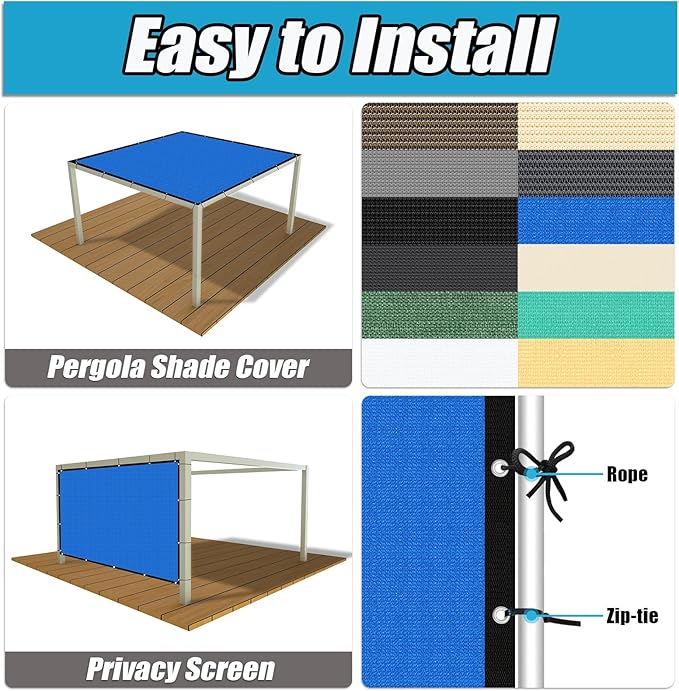 Amagenix 90% Pergola Shade Cover 5' X 10' Sun Shade Cloth with Grommets for Outdoor Garden Patio Porch, Commercial Grade 200 GSM - Cable Zip Ties Included (We Customized) GN108, Blue
