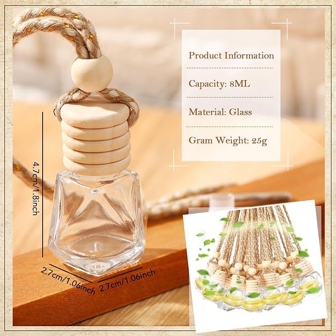Domensi 200 Pcs Car Diffuser Bottles Air Freshener Bulk, Hanging Empty Glass Perfume Bottles Refillable Air Freshener Pendant Fragrance Vials Ornament Decor with Wooden Caps String(Classic)