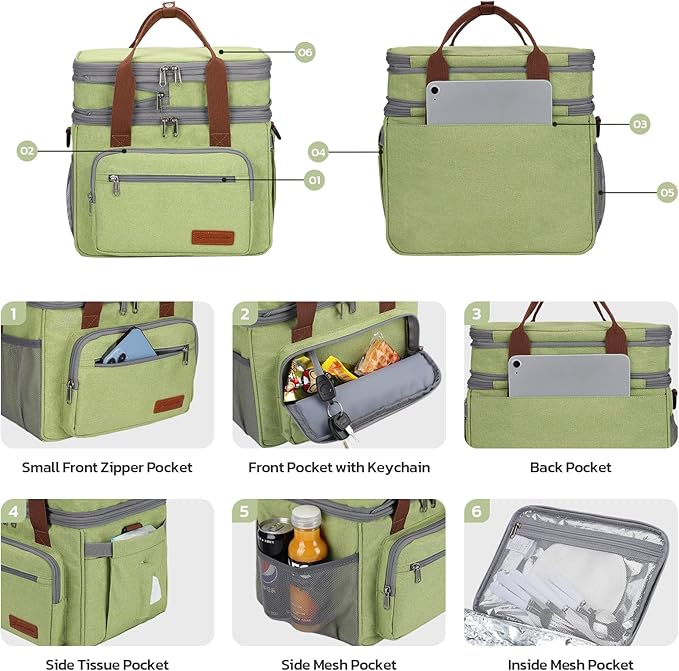 Maelstrom Lunch Box, 23L Insulated Lunch Bag, Expandable Double Deck Cooler Bag, Lightweight Leakproof Tote Bag With Side Tissue Pocket, Suit For Men and Women (C. Green)