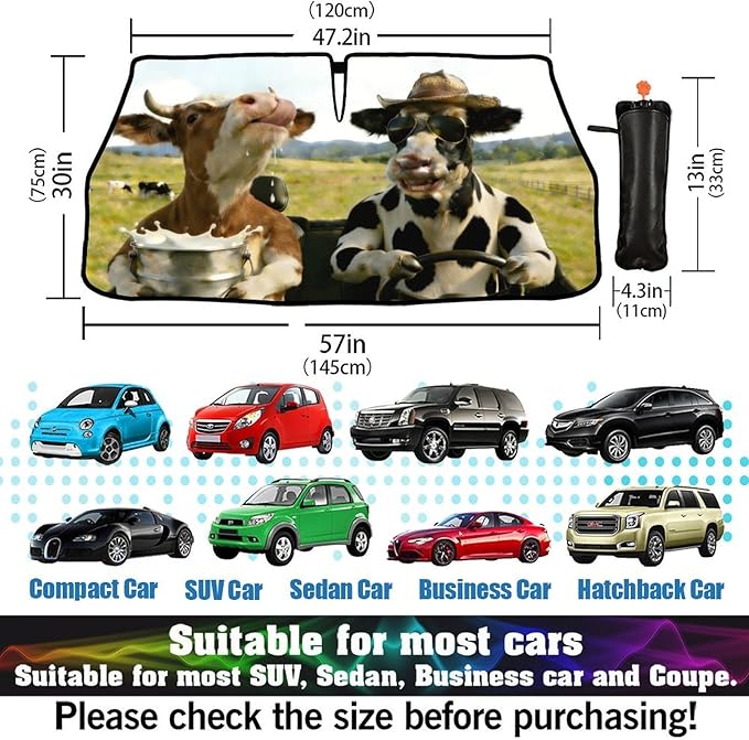 Funny Cow Driving Car Sunshade Umbrella Fun Cow Drink Milk Windshield Sun Shade for Car Retractable Umbrella Sunshades for Front Window Sun Shades Cover Visor Portector Block UV Rays