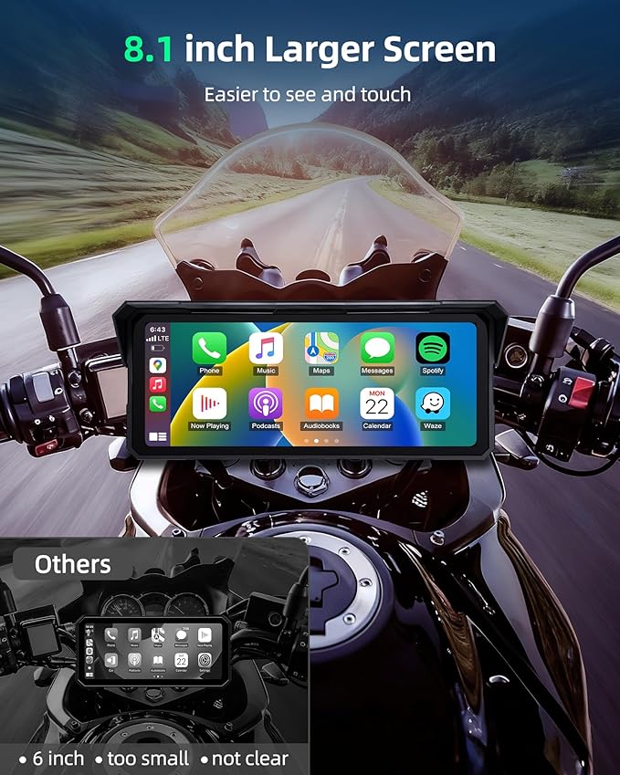 8.1" 4K Motorcycle CarPlay Screen w 4K Dash Cam Wireless Carplay Android Auto Screen for Motorcycle with GPS Navigation Voice Control WiFi Video Dual Bluetooth IPX7 Waterproof TF-64G Wired Control