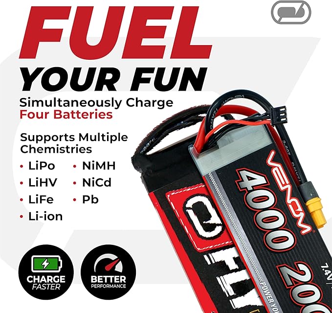 Venom Power - Pro Quad LiPo Battery Fast Charger with LCD Screen - 4 Ports at 100W Each - AC DC 7A Fast NiMH LiHV LiPo Balance Charger Discharger 1S to 6S, Drone, RC Car Battery Charger
