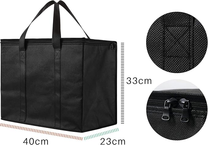 NZ home Insulated Bags for Food Delivery (XL Plus) Grocery Shopping Cooler Bag, Pizza Delivery, Hot & Cold Catering Tote, Reusable, Foldable & Heavy Duty (2 Pack, Black)