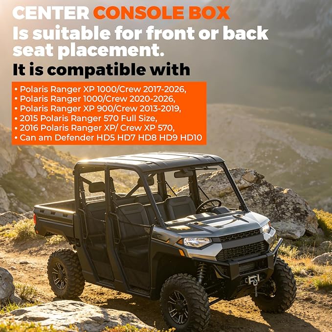 UTV Center Console Between Seat Organizer for Polaris Ranger 1000/XP/Crew 2017-2026, for Ranger XP 900/Crew 2013-2019 Seat Armrest Storage Box with Phone Holder& Dual Cup Holders with Locking