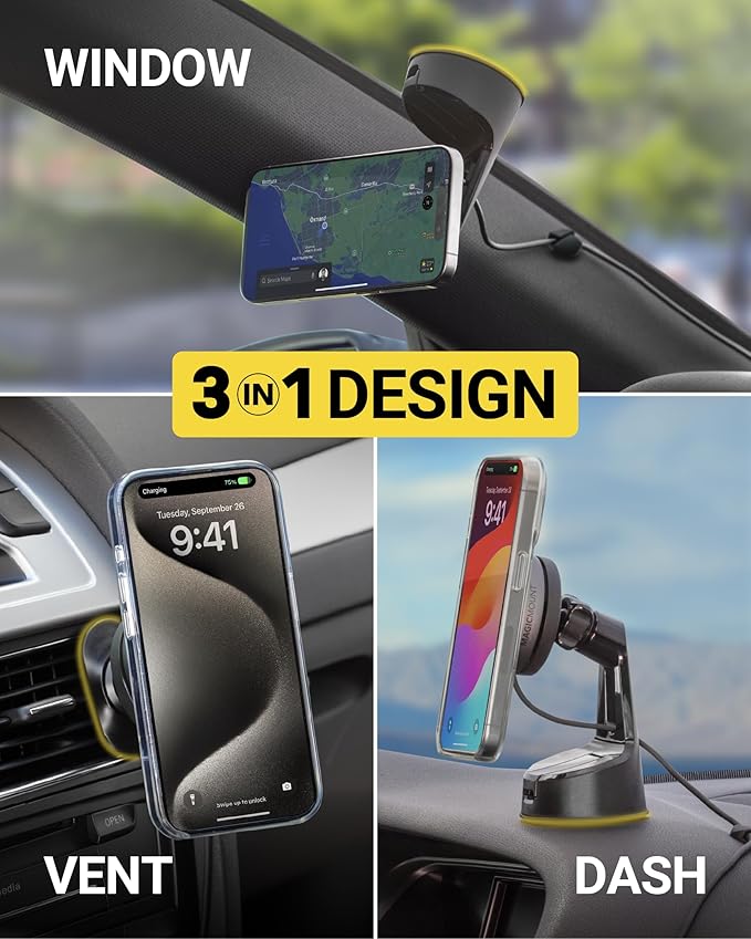 Scosche Qi2 Wireless MagSafe Car Mount Charger, 15W Magnetic Suction Cup Windshield/Dashboard Cell Phone Holder with Vent Clip & Fast USB-C Car Charger Compatible with Apple iPhone 16/15/14/13/12, S25