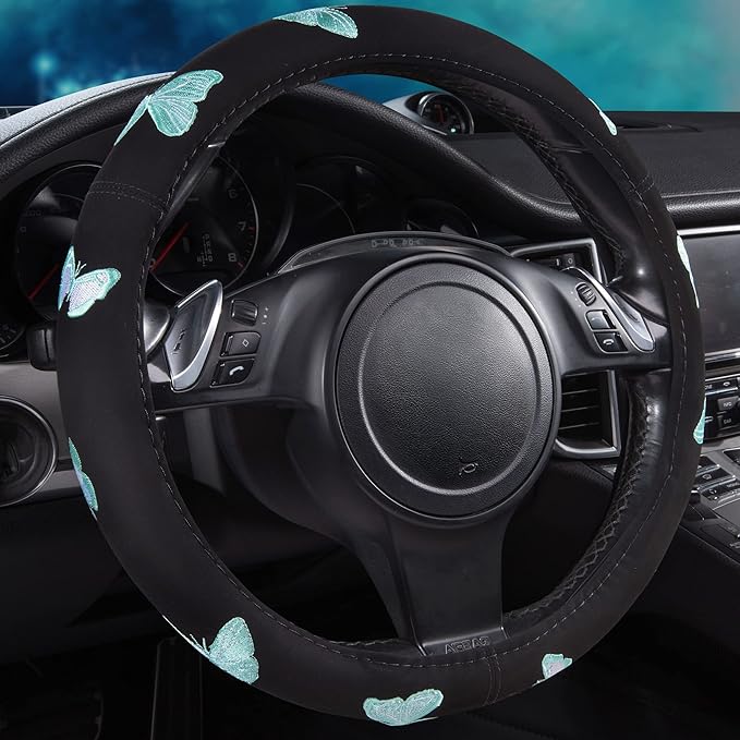 Car Pass Mint Embroidery Butterfly Steering Wheel Cover, Universal 15 Inch Car Wheel Cover for Women Girls, Fit for Suvs,Small Trucks,Sedans,Cars (Black and Mint)