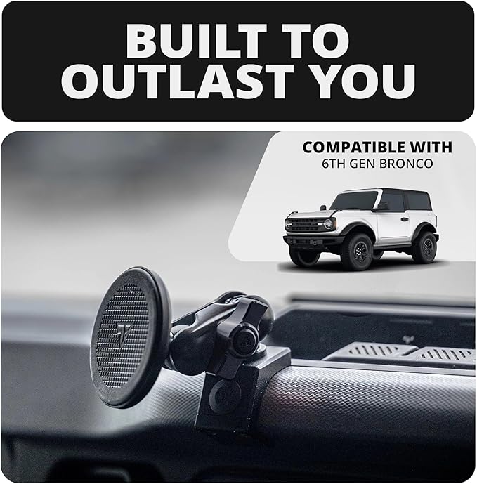 Tackform Link Phone Mount with Top Dash Clip - Compatible with 2021-2025 Ford Bronco | Aluminum | Zero Slip, Anti-Scratch | Compatible with MagSafe | Universal Magnetic Holder | 2" Arm | Black Knob