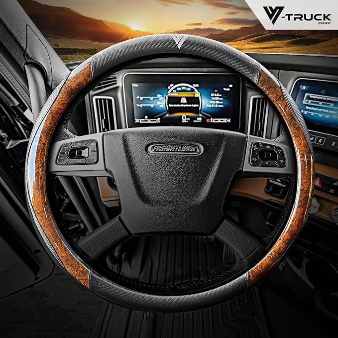 18-Inch Genuine Leather Steering Wheel Cover for Semi Trucks – Wood Grain & Carbon Fiber Design, Anti-Slip Grip, Cold-Resistant, Universal Fit for Heavy-Duty 18″ Wheels
