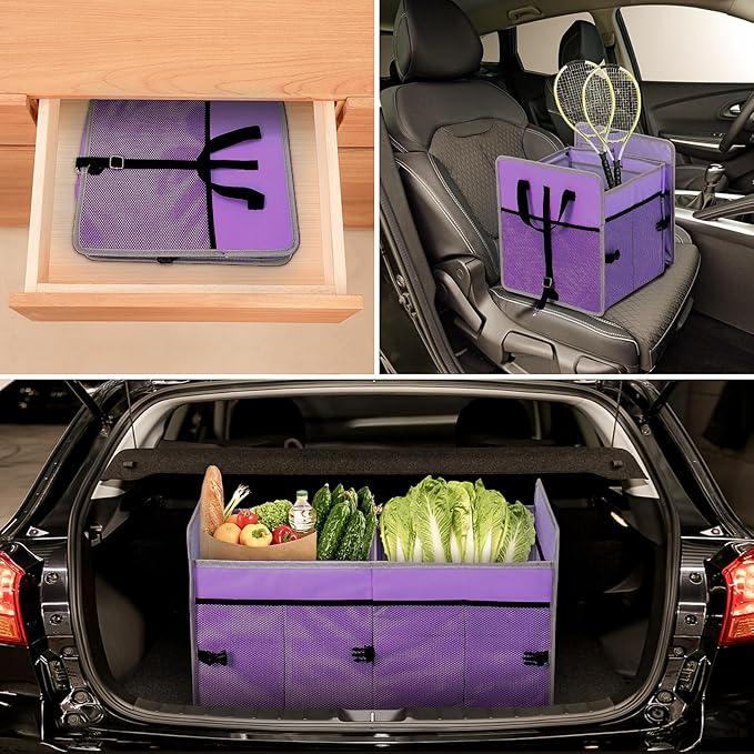 Car Trunk Organizer with Individual Cooler Bag - 2 Compartment Collapsible Car Storage for SUV (Purple)
