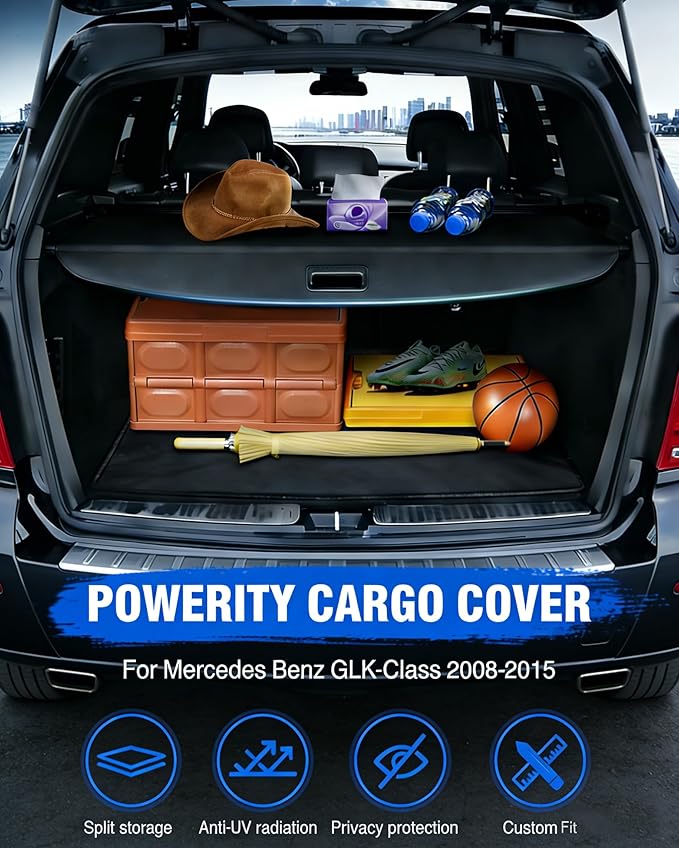 Powerty Retractable Cargo Cover for 2008-2015 Merecedes Benz GLK-Class-Canvas Texture Trunk Cover Privacy Screen Rear Security Shade for GLK Accessories