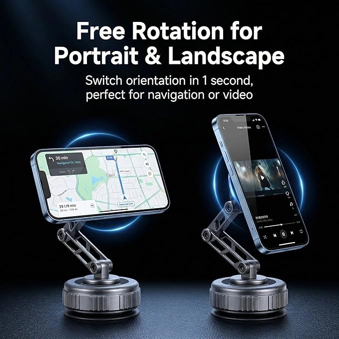 Vacuum Suction Car Phone Mount [80LBS Strong Suction & 3-Section Long Arm] Magnetic Dashboard Holder for Car, 360° Rotation Stand with Metal Ring for iPhone 17 16 15 14 13, Samsung & All Phones