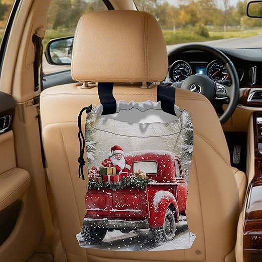 Santa Claus on Red Truck Car Trash Bag, Hanging Drawstring Car Garbage Bag,Canvas Car Back Seat Organizer with Adjustable Buckle for Men and Women