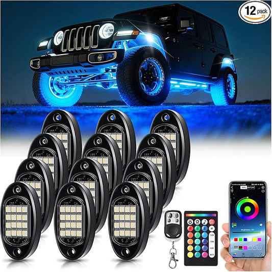 12 Pods RGBW LED Rock Lights Full Kit, 6500K Pure White (Not Mixed) & RGB Underglow for Truck Jeeps Golf Cart ATV UTV RZR Pickup, App/RF Remote Smart Brake Music Sync, Waterproof Offroad Underbody 12V