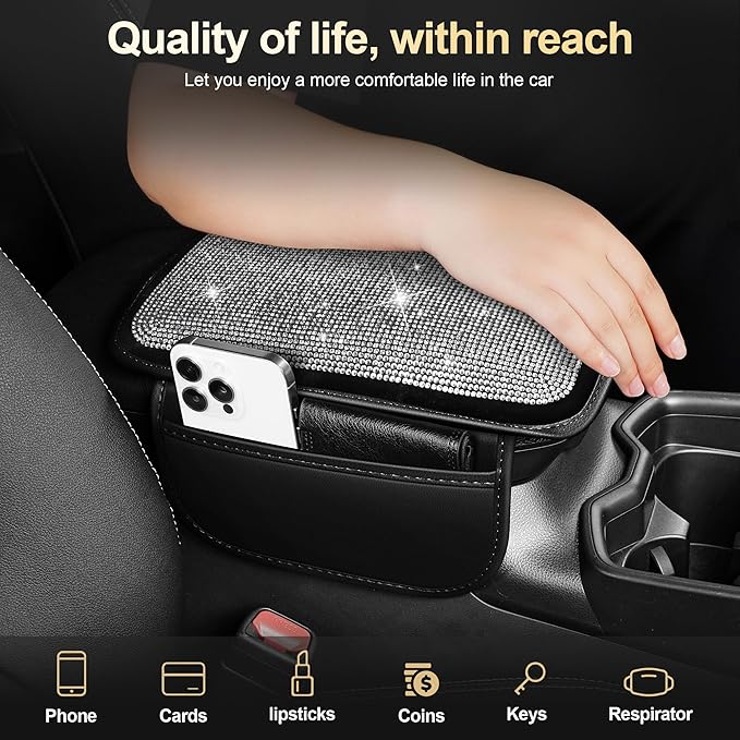 Center Console Cover Fit for Kia Sorento 2003-2025 with 2 Storage Bags Quilted - Studded Leather Car Armrest Cover Cushion Anti - Slip(Black&Quilted)