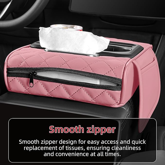 5 in 1 Car Center Console Cover, Armrest Pad with 2 Storage Pockets, Cup Holder, Tissue Box Slot, Phone Holder, Universal Car Interior Organizer (Pink)