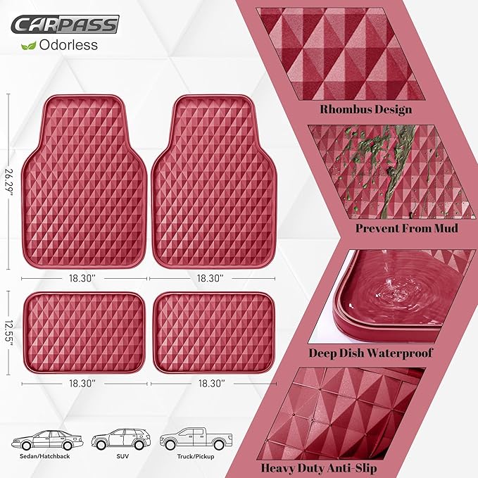CAR PASS Deep Dish Rubber Car Floor Mats All Weather Protection - Heavy Duty Waterproof Auto Floor Mats Universal Fit for Sedan SUV Truck - Anti-Slip 3D Rhombus, 4 Pieces (Burgundy)