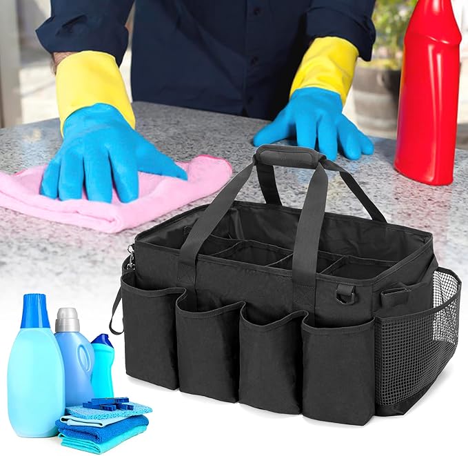 HODRANT Extra-Large Cleaning Caddy, Organizer with Handles for Cleaning Tools & Products Storage, Large Capacity Tote Bag for Car, Home & Housekeeping Work, Black