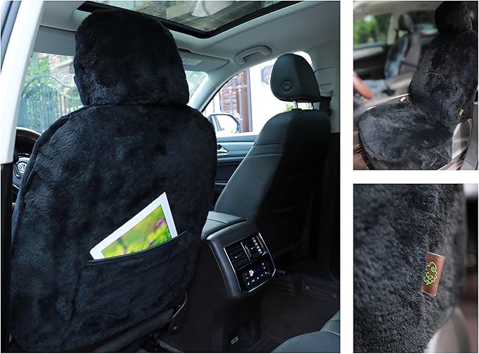 Genuine Sheepskin Seat Cover Lambskin Seat Cover Winter Car Seat Cover Lambs Wool Sheep Skin Fuzzy Shearling Car Accessories Front Bucket with Curve Patten (Black)