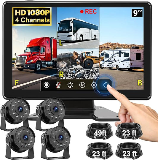 1080P Wired Backup Camera System for Truck/RV, 9" HD Touch DVR Quad Split Monitor 4 Side Rear View Cameras, 64GB Card Reverse Camera for Trailer/Tractor/Bus, Waterproof IR Night Vision Parking Line