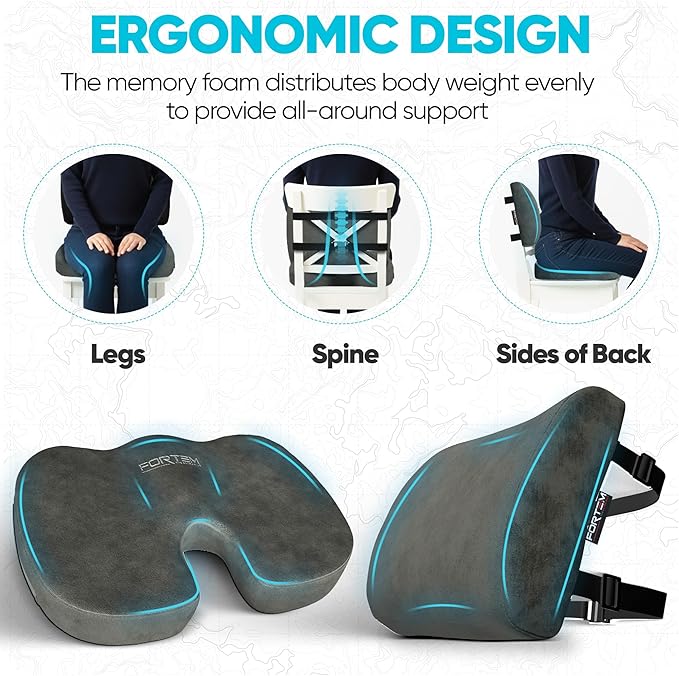 FORTEM Seat Cushion, Office Chair Cushion, Lumbar Support Pillow for Office Chair, Memory Foam Sciatica Coccyx Tailbone Pressure Pain Relief, Car Sitting Pad, Washable Non Slip, XL