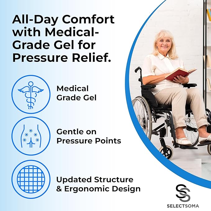 SelectSoma Travel Gel Seat Cushion for Long Sitting - Travel Pad for Car, Truck, Office Chair, Wheelchair - Cooling Gel Cushion for Sciatica, Tailbone, Back Pain, and Pressure Relief