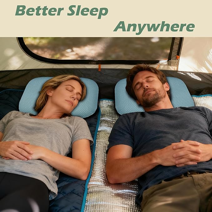 Cooling Camping Pillow, Memory Foam Travel Pillow with Adjustable Buckle Strap & Storage Bag, Compact Small Pillow for Airplane, Car Lumbar, Office, Washable Cooling Cover, Glacier Blue