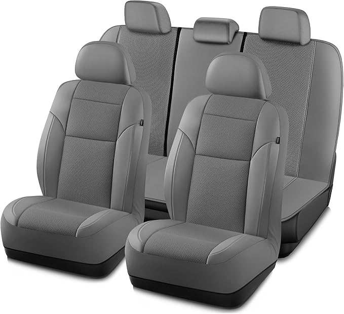 Road Comforts Full Set Leather Mesh Car Seat Cover - Front and Rear, Breathable & Stylish, Airbag Compatible, Universal Fit for Cars, SUVs, Trucks, and Vans - Gray
