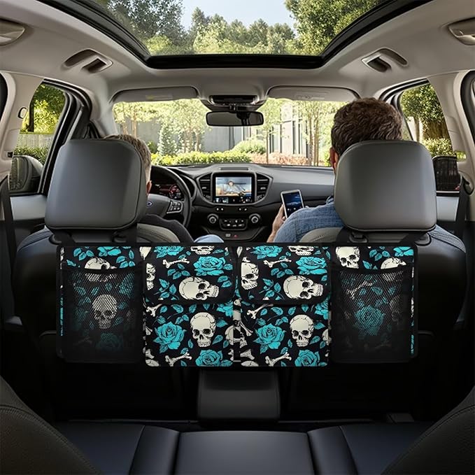 Skull Rose Pattern Car Trunk Organizer and Storage, Backseat Hanging Organizer for SUV, Truck, Collapsible Cargo Storage Bag with 4 Pockets, Car Interior Accessories
