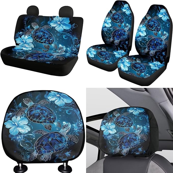 FKELYI Floral Sea Turtle Car Seat Covers Full Set with Steering Wheel, Headrest, Gear Shift, Handbrake Covers, Cup Holder Coasters