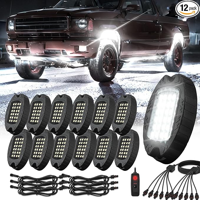 12 Pods Alloy Pure White LED Rock Lights for Trucks Offroad Pickup Boat Fender ATV UTV SUV, Aluminum IP68 Waterproof Shockproof 6500K Super Bright Metal White Underglow Kit with Switch Wiring Harness