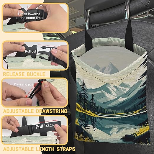 Mountain Lake Car Trash Bag,Forest Tree Strap Drawstring Car Garbage Bags,Car Back Seat Organizer with Adjustable Buckle for Car Accessories