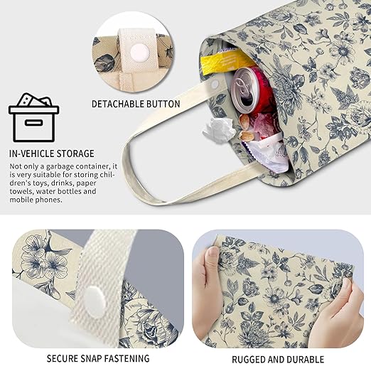 Cute Car Trash Can, Hanging Canvas Car Back Seat Organizer and Storage Bag, Funny Car Trash Bag For Travelling, Outdoor Cute Blue White Floral